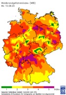 Die Waldbrandgefahr in Deutschland zeigt der DWD auf dem Waldbrand-Gefahrenindex, der jeden Tag aktualisiert wird. Quelle: Deutscher Wetterdienst - News: Waldbrandgefahr (10.08.2020)